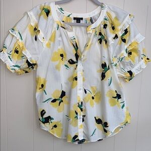 ANN TAYLOR Loft Puff Ruffle Sleeve Yellow Daisy Black Eyed Susan Blouse